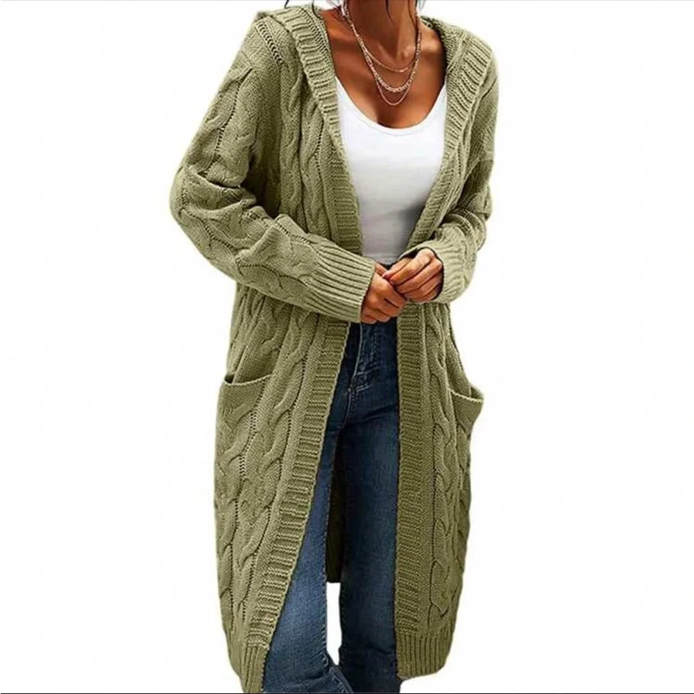 Luxe Cable Knit Long Sleeve Sweater Cardigan Open Front Pocket Hooded Hood - Picture 7 of 16